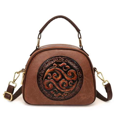 Sac À Main Rétro De Style Chinois En Cuir PU Sac Bandoulière Gaufré Circulaire Avec Bandoulière Amovible Matériel Doré