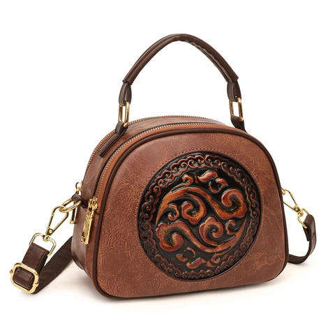Sac À Main Rétro De Style Chinois En Cuir PU Sac Bandoulière Gaufré Circulaire Avec Bandoulière Amovible Matériel Doré