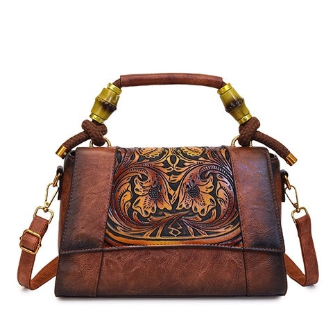 Retro PU Leather Floral Embossed Handbag With Bamboo Handle Vintage National Style Women Shoulder Crossbody Bag Daily Bag