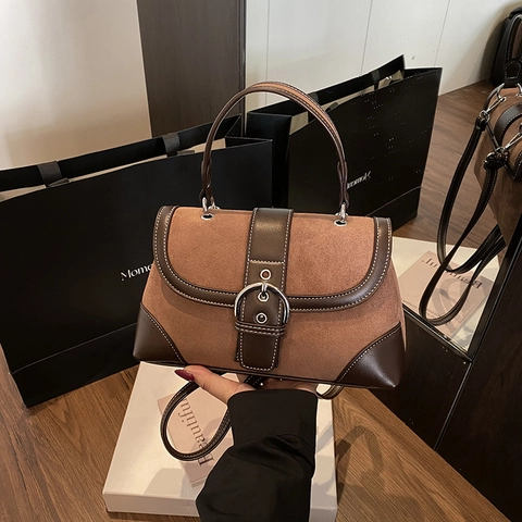 Vintage Patchwork Handbag Suede Smooth Leather Metal Buckle Retro Top Handle Shoulder Bag For Women Commute Chic