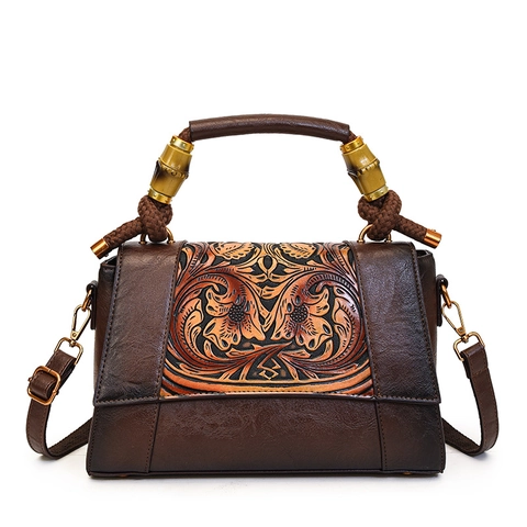 Retro PU Leather Floral Embossed Handbag With Bamboo Handle Vintage National Style Women Shoulder Crossbody Bag Daily Bag