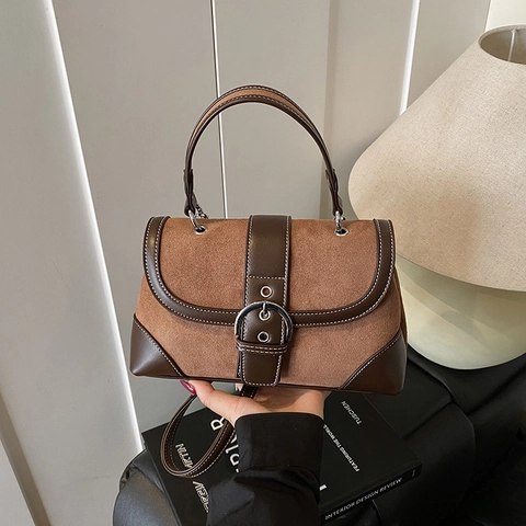 Vintage Patchwork Handbag Suede Smooth Leather Metal Buckle Retro Top Handle Shoulder Bag For Women Commute Chic