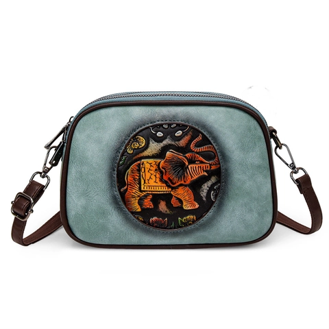 Women Crossbody Bag PU Leather Multi-layer Functional Zipper Ethnic Elephant Embossed Retro Small Square Shoulder Bag