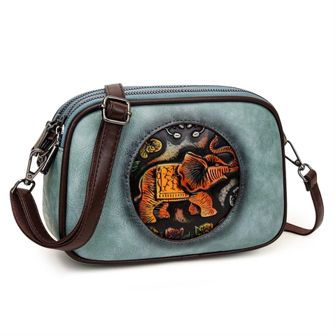 Women Crossbody Bag PU Leather Multi-layer Functional Zipper Ethnic Elephant Embossed Retro Small Square Shoulder Bag