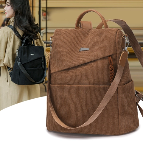 Mochila Mujer Pana Retro Color Sólido Gran Capacidad Multi Bolsillos Casual Viaje Escuela Bolso Multi Formas De Llevar