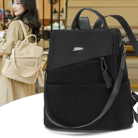 Mochila Mujer Pana Retro Color Sólido Gran Capacidad Multi Bolsillos Casual Viaje Escuela Bolso Multi Formas De Llevar