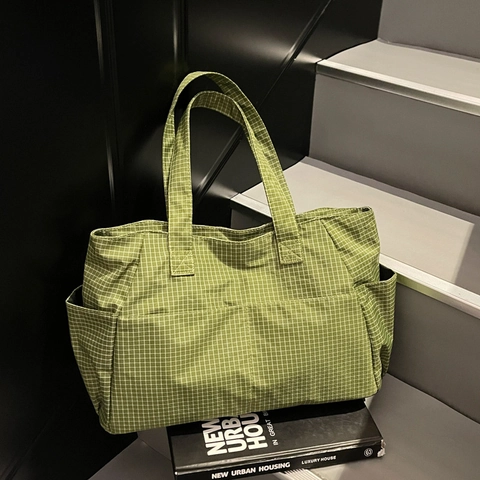 Borsa Tote A Quadri Da Donna Grande Capacità Tessuto Oxford Leggera Con Tasche Multiple Borsa A Tracolla Per Pendolari
