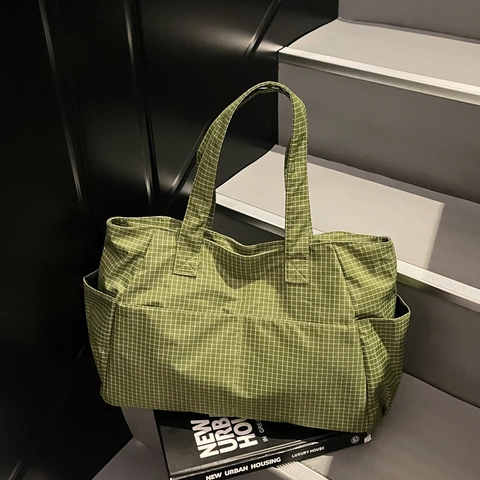 Borsa Tote A Quadri Da Donna Grande Capacità Tessuto Oxford Leggera Con Tasche Multiple Borsa A Tracolla Per Pendolari