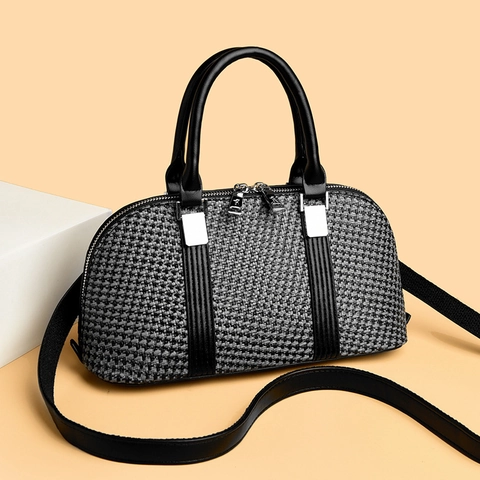 Damen Handtasche Gewebte Textur PU Leder Boston Tasche Doppelgriff Umhängetasche Silberne Hardware Trendig Alltag