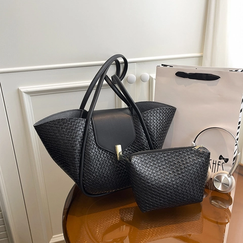 Damen Handtasche Gewebte Textur Flügel Tote Tasche PU Leder Metallschließe Schultertasche Und Passende Tasche Große Kapazität Elegant