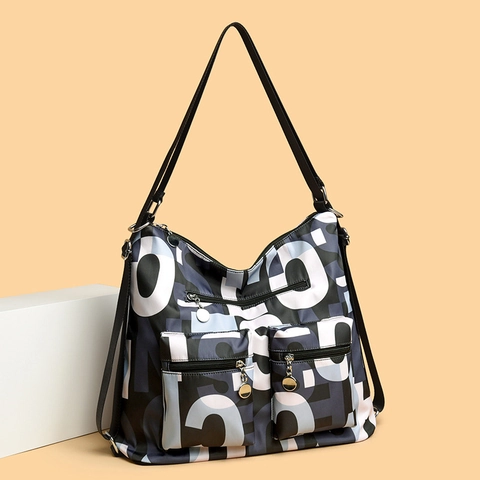 Borsa A Spalla In Nylon Impermeabile Per Donna Grande Capacità Multi Tasca Stampa Lettere Geometriche Borsa Casual Da Donna