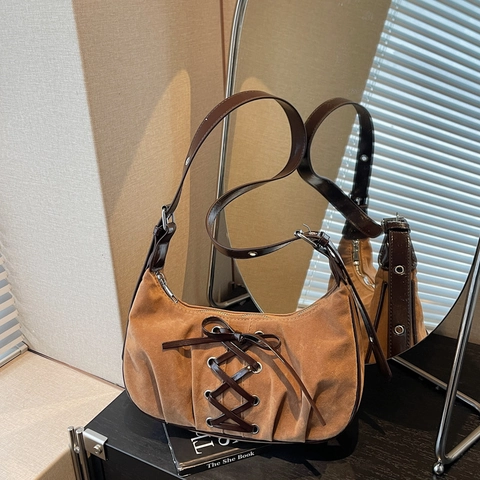 Vintage Suede Hobo Schoudertas Voor Dames Corset Vetersluiting Grote Capaciteit Retro Okseltas Met Verstelbare Riem
