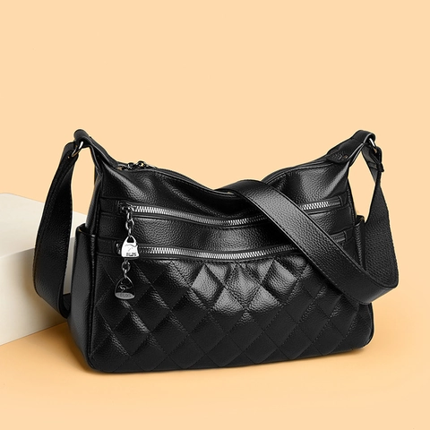 Women Crossbody Bag PU Leather Litchi Texture Multi Zipper Quilted Rhombus Pattern Casual Large Capacity Shoulder Bag