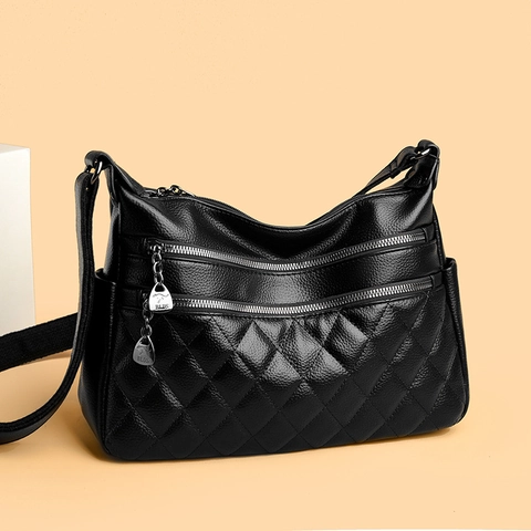 Women Crossbody Bag PU Leather Litchi Texture Multi Zipper Quilted Rhombus Pattern Casual Large Capacity Shoulder Bag