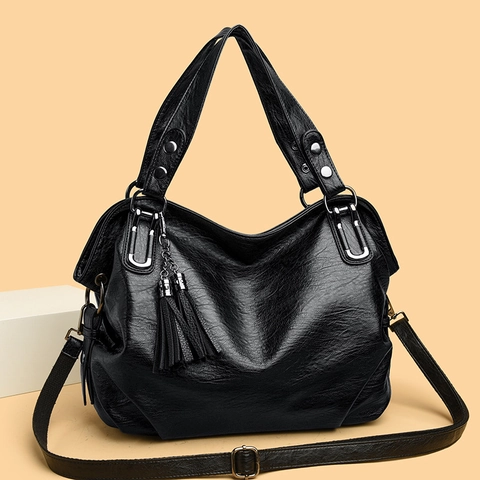 Women Shoulder Bag Large Capacity PU Leather Tassel Decor Handbag Retro Fashion Casual Tote With Adjustable Strap