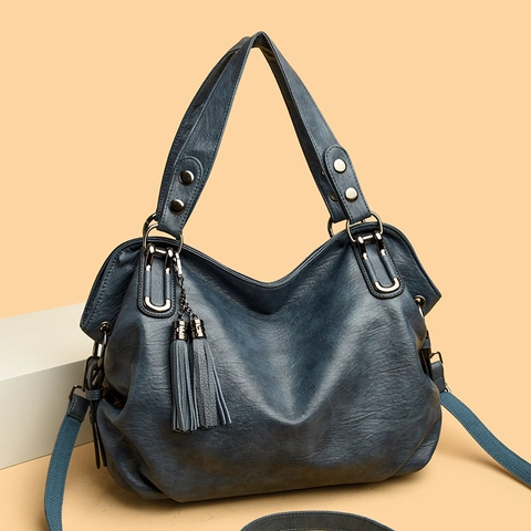 Women Shoulder Bag Large Capacity PU Leather Tassel Decor Handbag Retro Fashion Casual Tote With Adjustable Strap