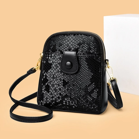 Women Snake Pattern Mini Crossbody Bag PU Leather Animal Texture Phone Purse Zipper Front Pocket Small Shoulder Bag