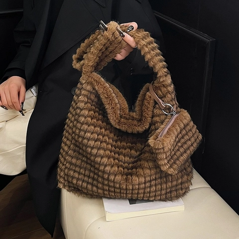 Borsa Tote Da Donna In Pelliccia Sintetica Peluche Motivo A Griglia Grande Capacità Borsa Hobo Con Borsellino