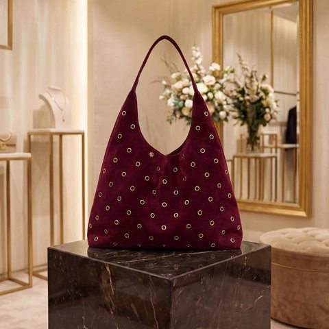 Suede Hobo Shoulder Bag Large Capacity Vintage Rivet Metal Grommet Tote For Women Casual Daily
