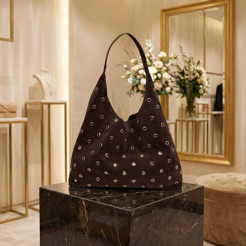 Suede Hobo Shoulder Bag Large Capacity Vintage Rivet Metal Grommet Tote For Women Casual Daily