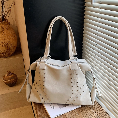 Grand Sac Fourre-Tout Cuir PU Texture Daim Rivets Argentés Vintage Navette Sac À Épaule Pour Femmes Grande Capacité
