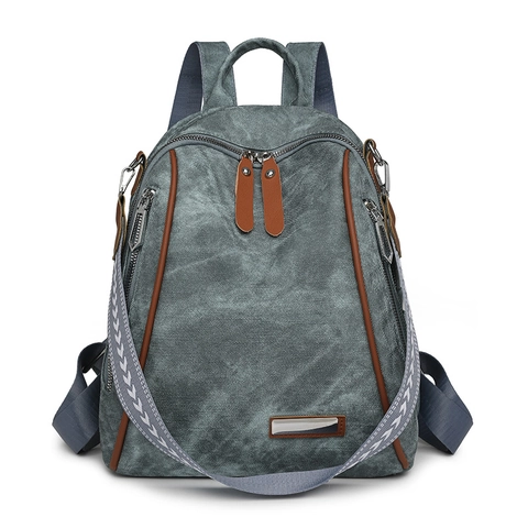 Women Fashion Backpack PU Leather Large Capacity Multi-Pocket Vintage Casual Travel School Bag With Geometric Strap
