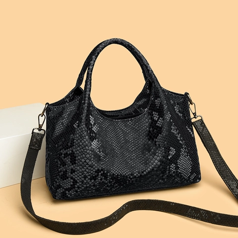 Women Handbag PU Leather Snake Print Large Capacity Retro Street Fashion Shoulder Bag With Detachable Strap For Daily