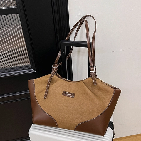 Borsa Tote Grande Capacità Pelle PU Tela Patchwork Cuciture Contrasto Tracolla Regolabile Borsa Mano Viaggio Casual Donna