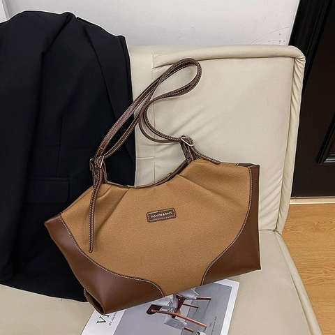 Borsa Tote Grande Capacità Pelle PU Tela Patchwork Cuciture Contrasto Tracolla Regolabile Borsa Mano Viaggio Casual Donna