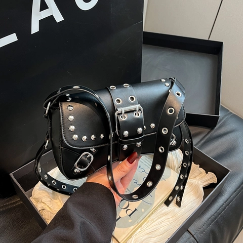 Women Baguette Underarm Bag PU Leather Punk Rivet Eyelet Silver Metal Buckle Y2K Gothic Motorcycle Style Shoulder Bag