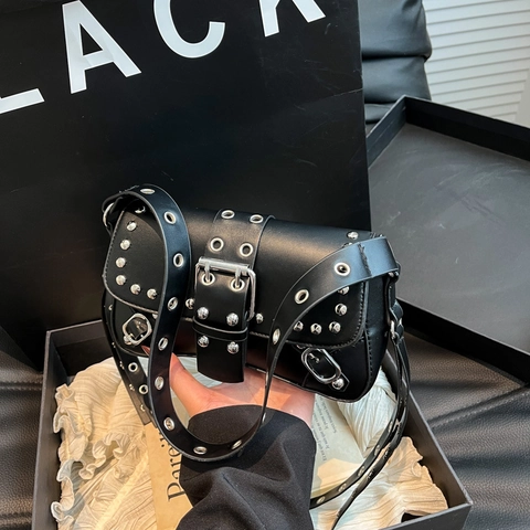 Women Baguette Underarm Bag PU Leather Punk Rivet Eyelet Silver Metal Buckle Y2K Gothic Motorcycle Style Shoulder Bag