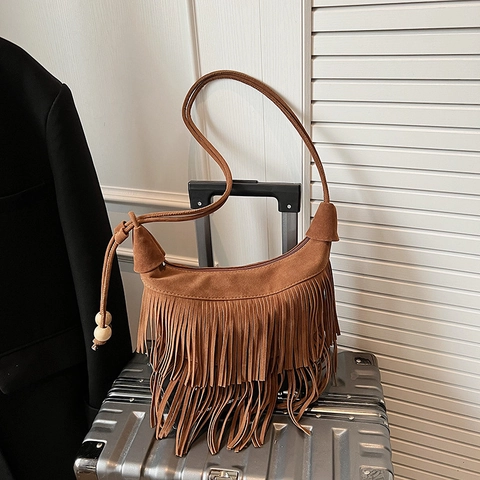 Sac Bandoulière Rétro En Daim Pour Femme Style Bohème Hobo À Franges Sac À Épaule Avec Perles En Bois Croissant