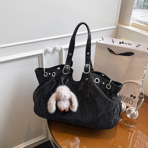 Grand Sac Fourre-Tout En Cuir PU Froissé Avec Œillets Métalliques Bandoulières Réglables Style Rétro Sac À Épaule Femme Lapin