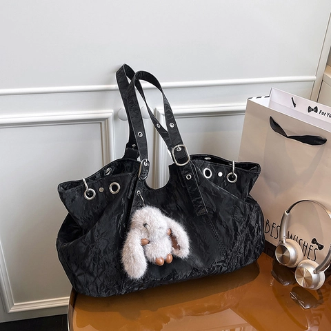 Grand Sac Fourre-Tout En Cuir PU Froissé Avec Œillets Métalliques Bandoulières Réglables Style Rétro Sac À Épaule Femme Lapin