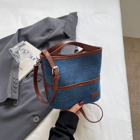 Bolso Cubo De Mezclilla Para Mujer Bolso De Mano Vintage De Color En Contraste Bolso De Hombro Informal Con Correa Ajustable