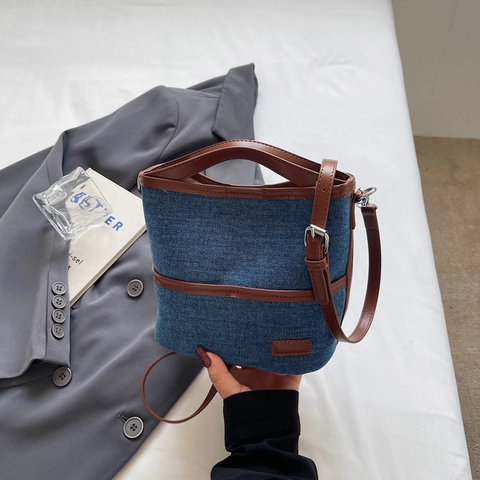 Bolso Cubo De Mezclilla Para Mujer Bolso De Mano Vintage De Color En Contraste Bolso De Hombro Informal Con Correa Ajustable