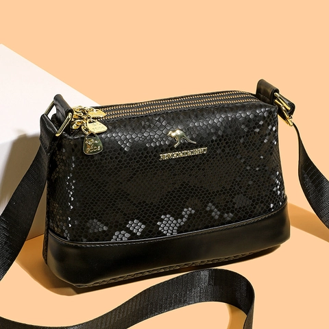 Crossbody Bag Women PU Leather Snake Skin Embossed Multi Layered Shoulder Handbag Wide Strap Gold Hardware Elegant