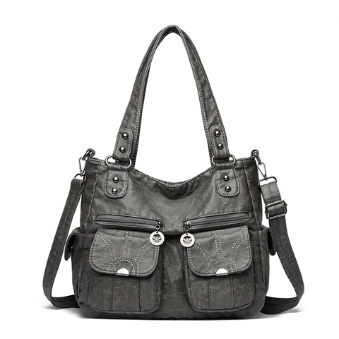 Vintage Women Tote Bag Multi-Pocket Large Capacity Soft PU Leather Motorcycle Style Shoulder Crossbody Handbag
