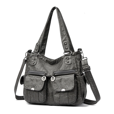 Vintage Women Tote Bag Multi-Pocket Large Capacity Soft PU Leather Motorcycle Style Shoulder Crossbody Handbag