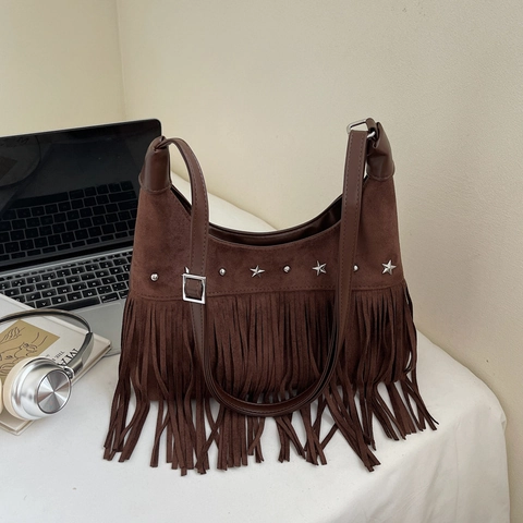 Vintage Boho Wildleder Fransen Umhängetasche Für Damen Mit Sternnieten Retro Hobo Schultertasche Große Kapazität Schick
