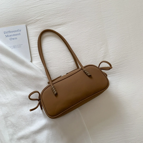 Vintage PU-Leder Achseltasche Für Damen Minimalistische Einfarbige Schultertasche Mit Seitlicher Schleife Mode Kissentasche