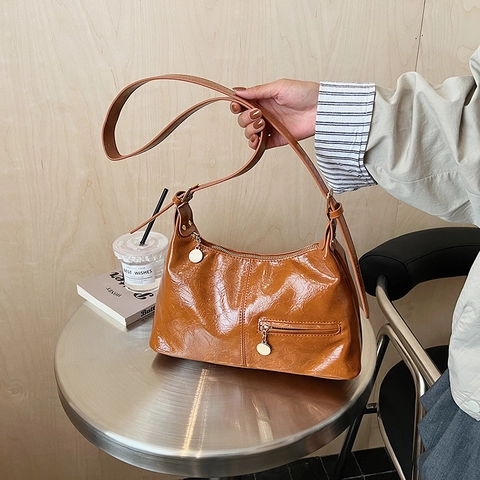 Women Retro Glossy PU Leather Hobo Bag Large Capacity Wrinkled Texture Shoulder Crossbody Purse With Metal Puller