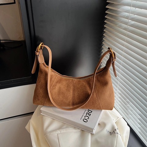 Bolso Hobo Vintage De Ante Para Mujer Bolso De Hombro De Color Sólido Con Correa Ajustable Y Herrajes Dorados