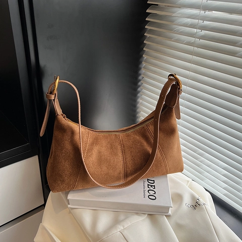 Bolso Hobo Vintage De Ante Para Mujer Bolso De Hombro De Color Sólido Con Correa Ajustable Y Herrajes Dorados
