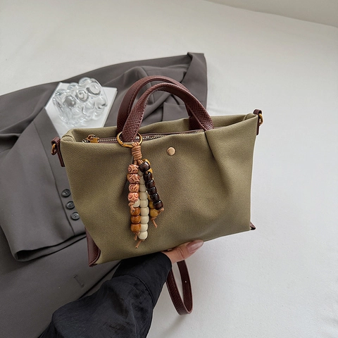 Damen Canvas Handtasche Retro Einfache Umhängetasche Mit Holzperlen Anhänger Große Kapazität Schultertasche Für Die Arbeit