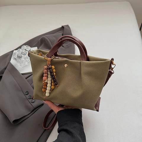 Damen Canvas Handtasche Retro Einfache Umhängetasche Mit Holzperlen Anhänger Große Kapazität Schultertasche Für Die Arbeit