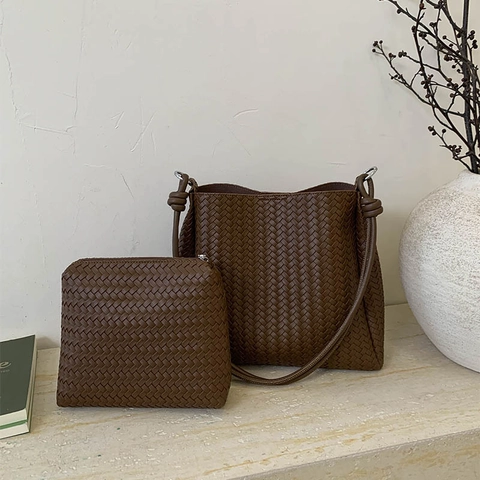 Geflochtene Eimer Umhängetasche PU Leder Große Kapazität Geknoteter Riemen Unterarm Tasche Und Innentasche Nische Retro