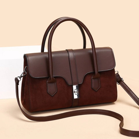 Vintage PU Leather Suede Patchwork Handbag Large Capacity Women Top Handle Crossbody Bag Silver Metal Lock Urban Simple
