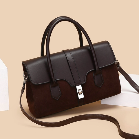 Vintage PU Leather Suede Patchwork Handbag Large Capacity Women Top Handle Crossbody Bag Silver Metal Lock Urban Simple