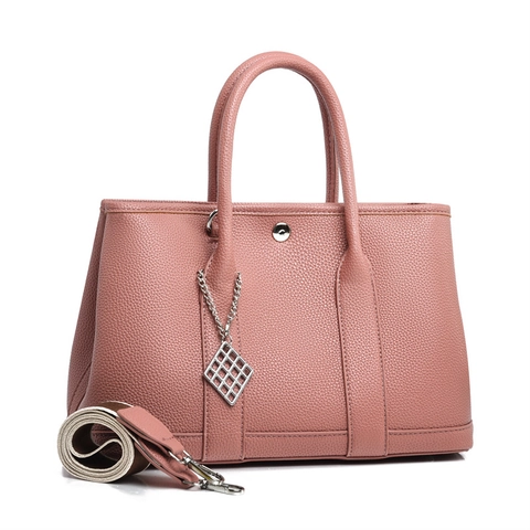 Women Tote Bag Pouch Lychee Grain PU Leather Large Capacity Contrast Wide Strap Silver Hardware Retro Casual